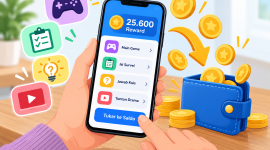 ustrasi penggunaan aplikasi penghasil reward melalui game, kuis, survei, dan tontonan yang menawarkan penukaran poin menjadi saldo dompet digital.