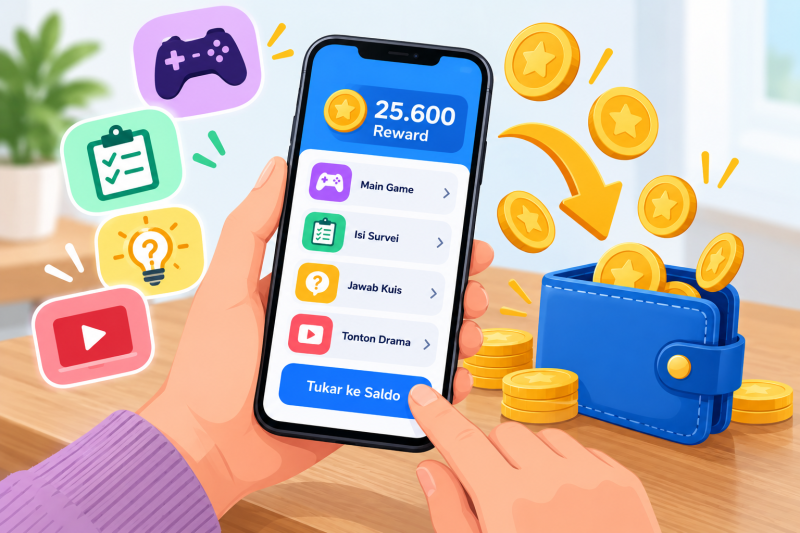 ustrasi penggunaan aplikasi penghasil reward melalui game, kuis, survei, dan tontonan yang menawarkan penukaran poin menjadi saldo dompet digital.