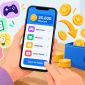 ustrasi penggunaan aplikasi penghasil reward melalui game, kuis, survei, dan tontonan yang menawarkan penukaran poin menjadi saldo dompet digital.