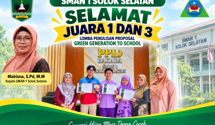 Tim penelitian SMAN 1 Solok Selatan bersama kepala sekolah dalam momen pencapaian prestasi Green Generation.