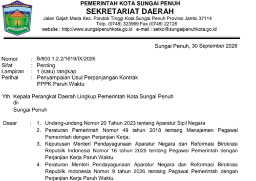 Pemkot Sungai Penuh menyiapkan perpanjangan kontrak PPPK Paruh Waktu 2026.