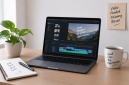 Ilustrasi clipper sedang mengedit video pendek untuk media sosial.