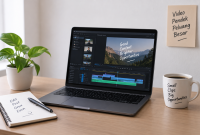 Ilustrasi clipper sedang mengedit video pendek untuk media sosial.