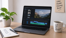 Ilustrasi clipper sedang mengedit video pendek untuk media sosial.