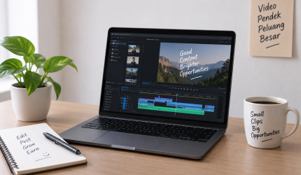 Laptop menampilkan proses editing video pendek untuk media sosial.