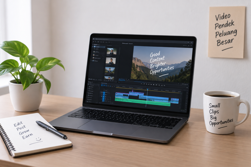 Ilustrasi clipper sedang mengedit video pendek untuk media sosial.