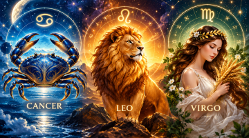 Ilustrasi ramalan zodiak Cancer, Leo, dan Virgo yang menggambarkan peruntungan, keuangan, dan asmara hari ini.