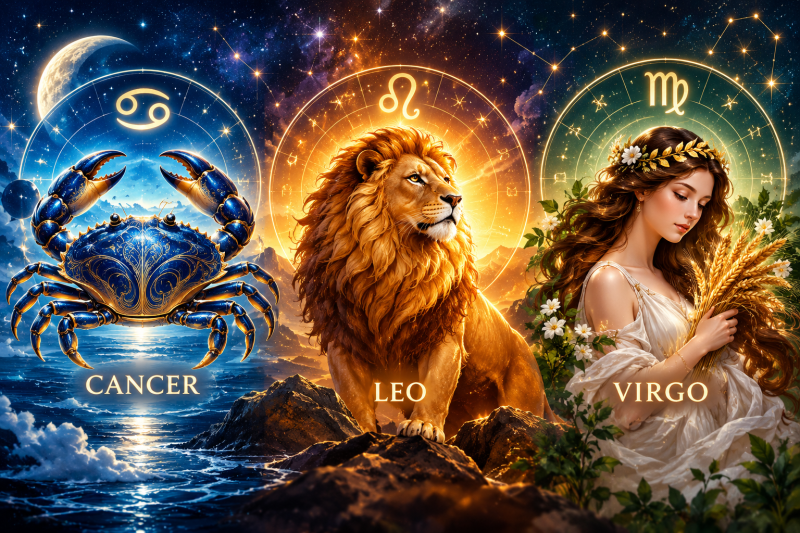 Ilustrasi ramalan zodiak Cancer, Leo, dan Virgo yang menggambarkan peruntungan, keuangan, dan asmara hari ini.