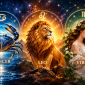 Ilustrasi ramalan zodiak Cancer, Leo, dan Virgo yang menggambarkan peruntungan, keuangan, dan asmara hari ini.