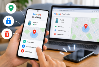 Ilustrasi pelacakan HP Android yang hilang menggunakan Google Find Hub melalui ponsel dan komputer.( Foto : ilustrasi Gambar AI)