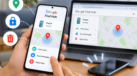Ilustrasi pelacakan HP Android yang hilang menggunakan Google Find Hub melalui ponsel dan komputer.( Foto : ilustrasi Gambar AI)