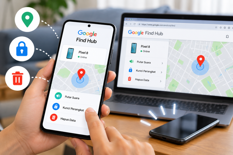 Ilustrasi pelacakan HP Android yang hilang menggunakan Google Find Hub melalui ponsel dan komputer.( Foto : ilustrasi Gambar AI)