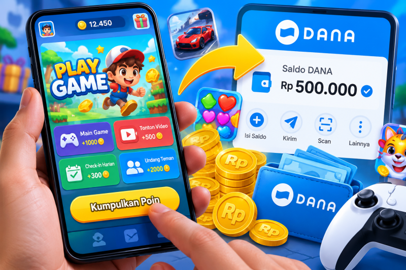 Ilustrasi game penghasil saldo DANA melalui aktivitas bermain dan pengumpulan reward.( Foto AI