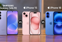 Perbandingan Samsung Galaxy S26 FE dengan iPhone 15 dan iPhone 16. ( Foto AI)