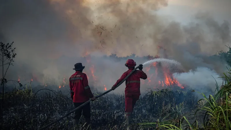 Petugas berupaya memadamkan api saat karhutla melanda kawasan vegetasi.(Foto : AL ZULKIFLI/AFP)