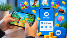 Ilustrasi permainan mobile dan saldo DANA yang menggambarkan peluang mendapatkan hadiah digital melalui aplikasi game. ( Foto AI INBRITA)