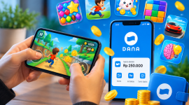 Ilustrasi permainan mobile dan saldo DANA yang menggambarkan peluang mendapatkan hadiah digital melalui aplikasi game. ( Foto AI INBRITA)