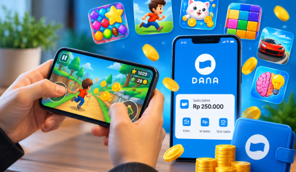 Ilustrasi game penghasil saldo DANA dengan permainan mobile, koin emas, dan dompet digital.