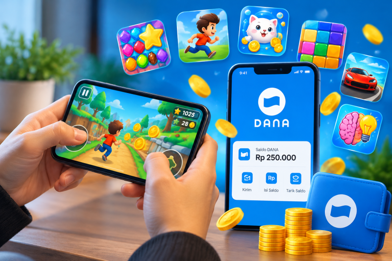Ilustrasi permainan mobile dan saldo DANA yang menggambarkan peluang mendapatkan hadiah digital melalui aplikasi game. ( Foto AI INBRITA)