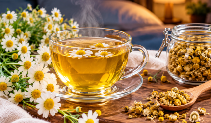 Teh chamomile hangat dengan bunga chamomile untuk membantu relaksasi sebelum tidur.