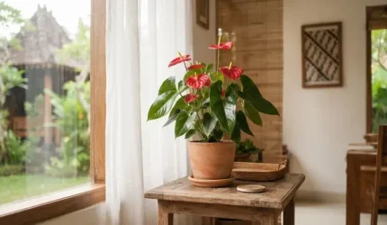 Tanaman anthurium di rumah dengan daun hijau segar dan bunga merah yang indah.