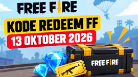 Ilustrasi kode redeem FF 13 Oktober 2026 dengan peti hadiah, diamond, dan voucher senjata Free Fire.