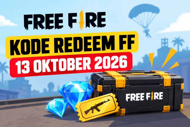 Ilustrasi kode redeem FF 13 Oktober 2026 dengan peti hadiah, diamond, dan voucher senjata Free Fire.