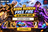 Ilustrasi kode redeem Free Fire tanggal 19 Oktober 2026 dengan tampilan karakter keren dan berbagai hadiah menarik.
