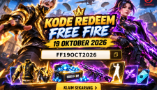 Ilustrasi kode redeem Free Fire tanggal 19 Oktober 2026 dengan tampilan karakter keren dan berbagai hadiah menarik.
