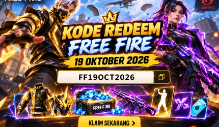 Ilustrasi kode redeem Free Fire 19 Oktober 2026 dengan karakter pria dan wanita, efek neon ungu dan emas, serta hadiah item game.