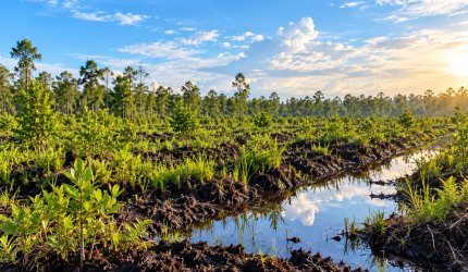 BPGMN Lahan gambut hijau dengan kanal air untuk restorasi dan pencegahan karhutla di Indonesia.