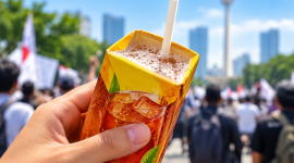 Ilustrasi teh kemasan berbusa saat aksi demo. ( Foto AI INBRITA)