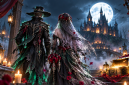 Ilustrasi fantasi bertema pengantin hantu untuk menggambarkan suasana event Halloween.
