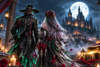 Ilustrasi fantasi bertema pengantin hantu untuk menggambarkan suasana event Halloween.