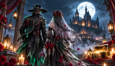 Ilustrasi fantasi bertema pengantin hantu untuk menggambarkan suasana event Halloween.