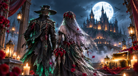 Ilustrasi fantasi bertema pengantin hantu untuk menggambarkan suasana event Halloween.