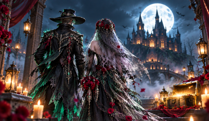 Ilustrasi pasangan pengantin fantasi bergaya gothic di depan kastil saat malam Halloween.