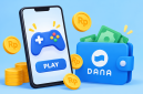 Ilustrasi game penghasil saldo DANA dengan hadiah koin dan uang digital untuk menambah penghasilan. ( Foto AI INBRITA)