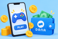Ilustrasi game penghasil saldo DANA dengan hadiah koin dan uang digital untuk menambah penghasilan. ( Foto AI INBRITA)