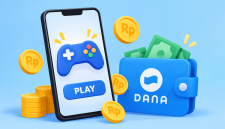Ilustrasi game penghasil saldo DANA dengan hadiah koin dan uang digital untuk menambah penghasilan. ( Foto AI INBRITA)