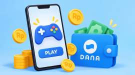 Ilustrasi game penghasil saldo DANA dengan hadiah koin dan uang digital untuk menambah penghasilan. ( Foto AI INBRITA)