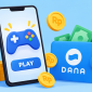 Ilustrasi game penghasil saldo DANA dengan hadiah koin dan uang digital untuk menambah penghasilan. ( Foto AI INBRITA)