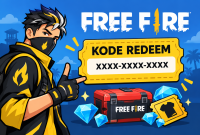 Ilustrasi kode redeem Free Fire dengan karakter game, voucher hadiah, dan Diamond gratis.