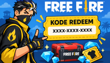 Ilustrasi kode redeem Free Fire dengan karakter game, voucher hadiah, dan Diamond gratis.