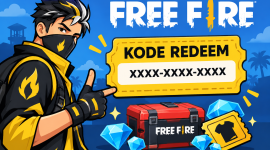 Ilustrasi kode redeem Free Fire dengan karakter game, voucher hadiah, dan Diamond gratis.