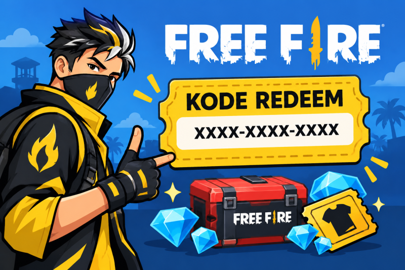Ilustrasi kode redeem Free Fire dengan karakter game, voucher hadiah, dan Diamond gratis.