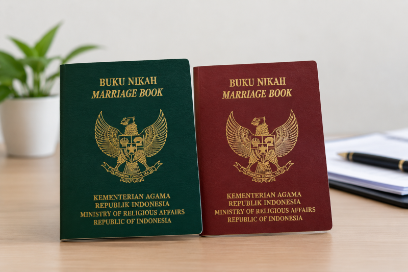 Ilustrasi buku nikah Indonesia yang dapat diganti jika rusak atau hilang melalui KUA. (Foto inbrita)