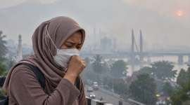 Ilustrasi warga menggunakan masker di tengah kabut asap akibat karhutla.( Foto AI Inbrita)