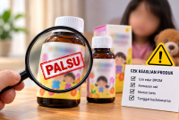 Ilustrasi peringatan vitamin anak palsu yang beredar online.(Foto AI INBRITA)
