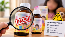 Ilustrasi peringatan vitamin anak palsu yang beredar online.(Foto AI INBRITA)